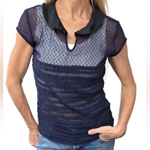 Free People Navy Sheer Lace Peter Pan Collar Keyhole Blouse Romantic Boho